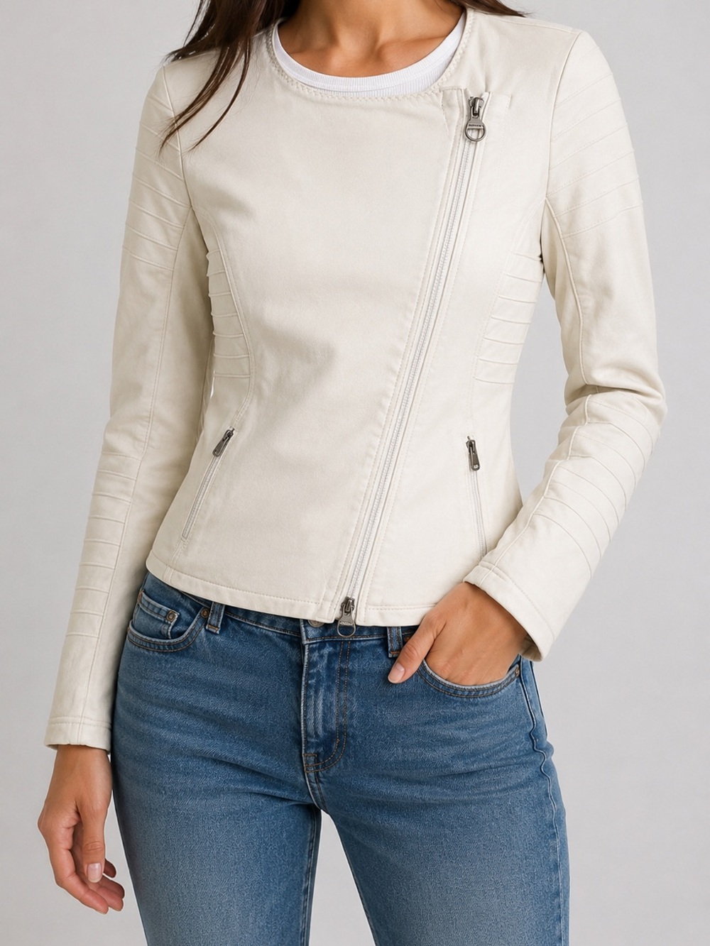 Athleta Stronger Moto Moto Jacket Small Tall Ivory Cream